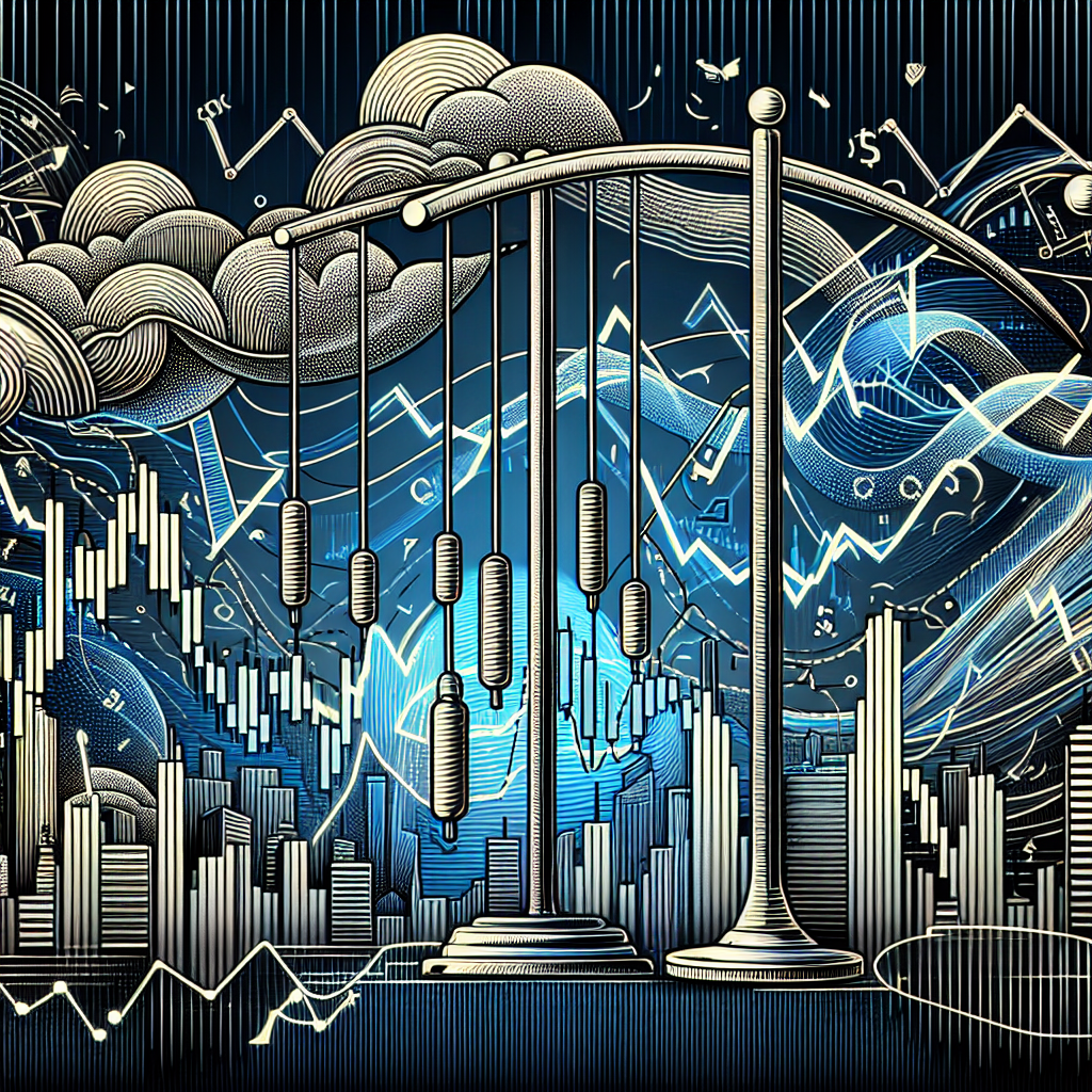 A dynamic line art illustration depicting a futures market landscape with key technical indicators like moving averages, RSI, and Bollinger Bands, integrated into the scene along with abstract representations of swing trading concepts.