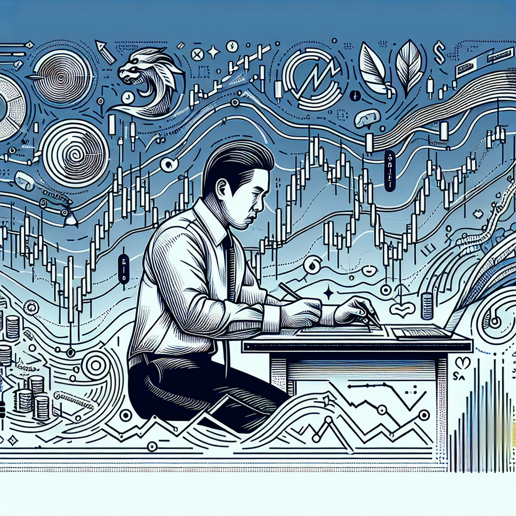 A dynamic line art illustration depicting an intermediate futures trader analyzing market charts and indicators, surrounded by symbols representing various swing trading strategies and financial terminology.