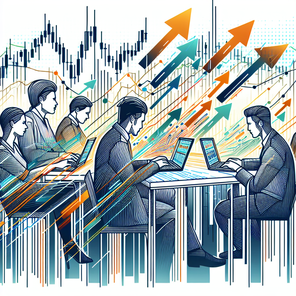 A dynamic line art illustration representing futures arbitrage, featuring financial graphs, traders analyzing data, and arrows indicating market movements and profitable opportunities.