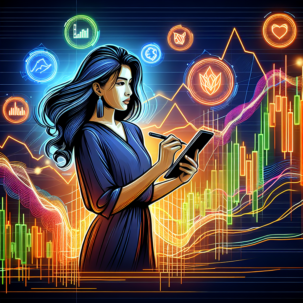 A dynamic line art illustration depicting an intermediate trader analyzing charts and candlesticks, with essential trading tips visualized around them, all in a vibrant and engaging style.