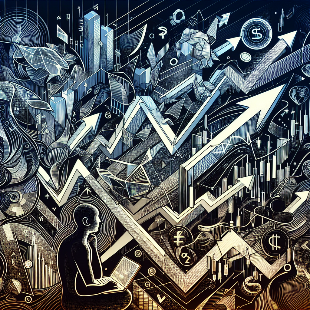 A dynamic line art illustration depicting the concept of arbitrage in the futures market, with abstract representations of stock charts, arrows indicating upward and downward trends, and figures analyzing data amidst a backdrop of stylized financial symbols and commodities.