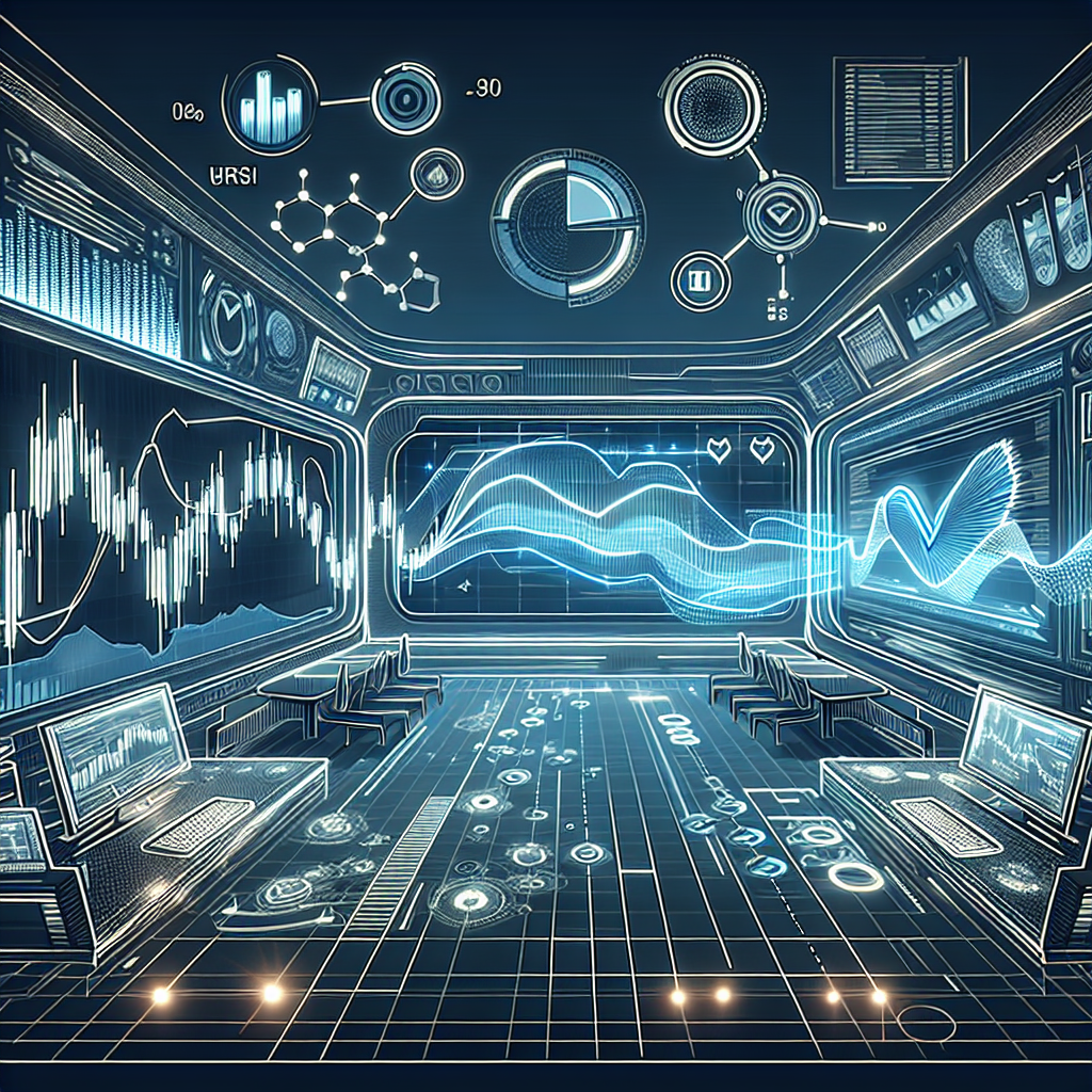 A dynamic line art illustration featuring a futuristic trading environment with technical indicators such as candlestick charts, moving averages, and RSI lines. The scene merges traditional stock market elements with modern digital interfaces, emphasizing strategy and analytical thinking.