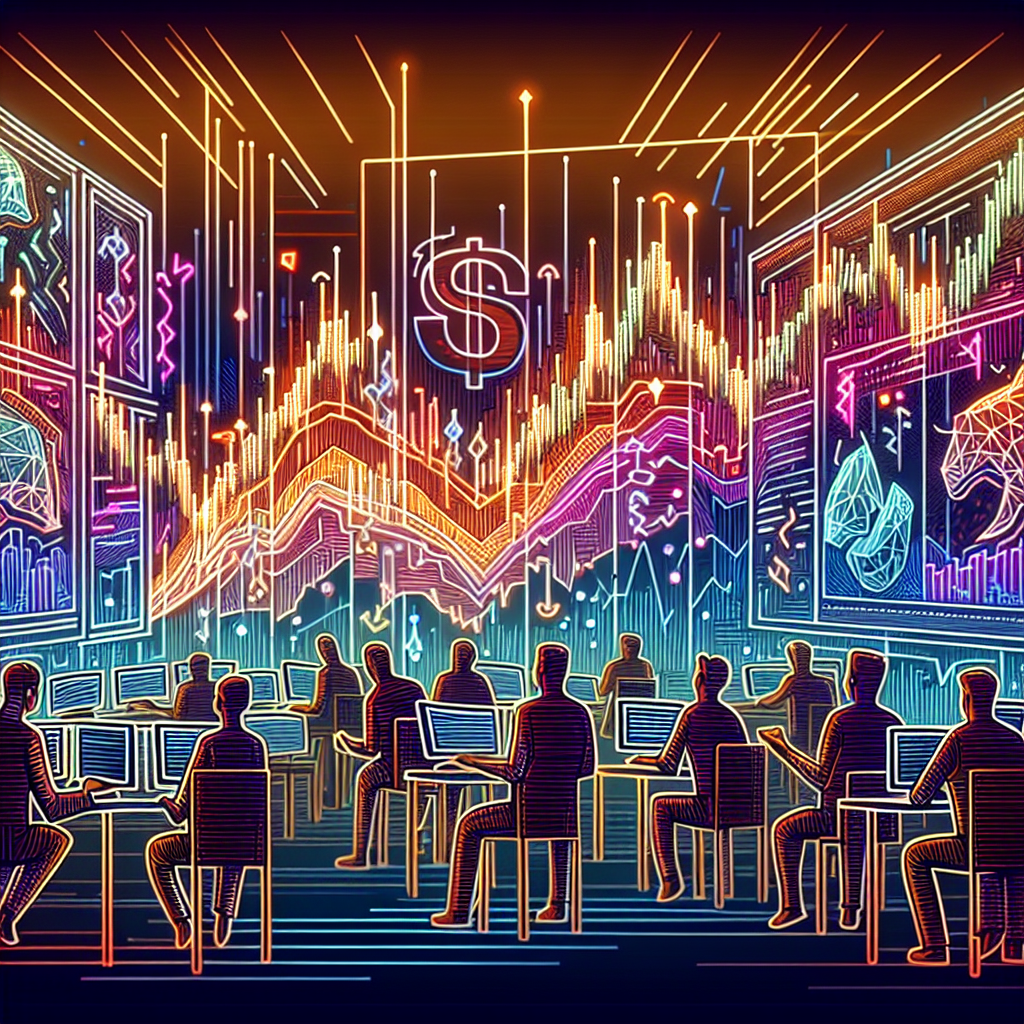 A dynamic line art illustration showcasing a futuristic trading environment where traders analyze economic reports and market movements, featuring abstract charts, graphs, and financial symbols interwoven with vibrant energy lines.