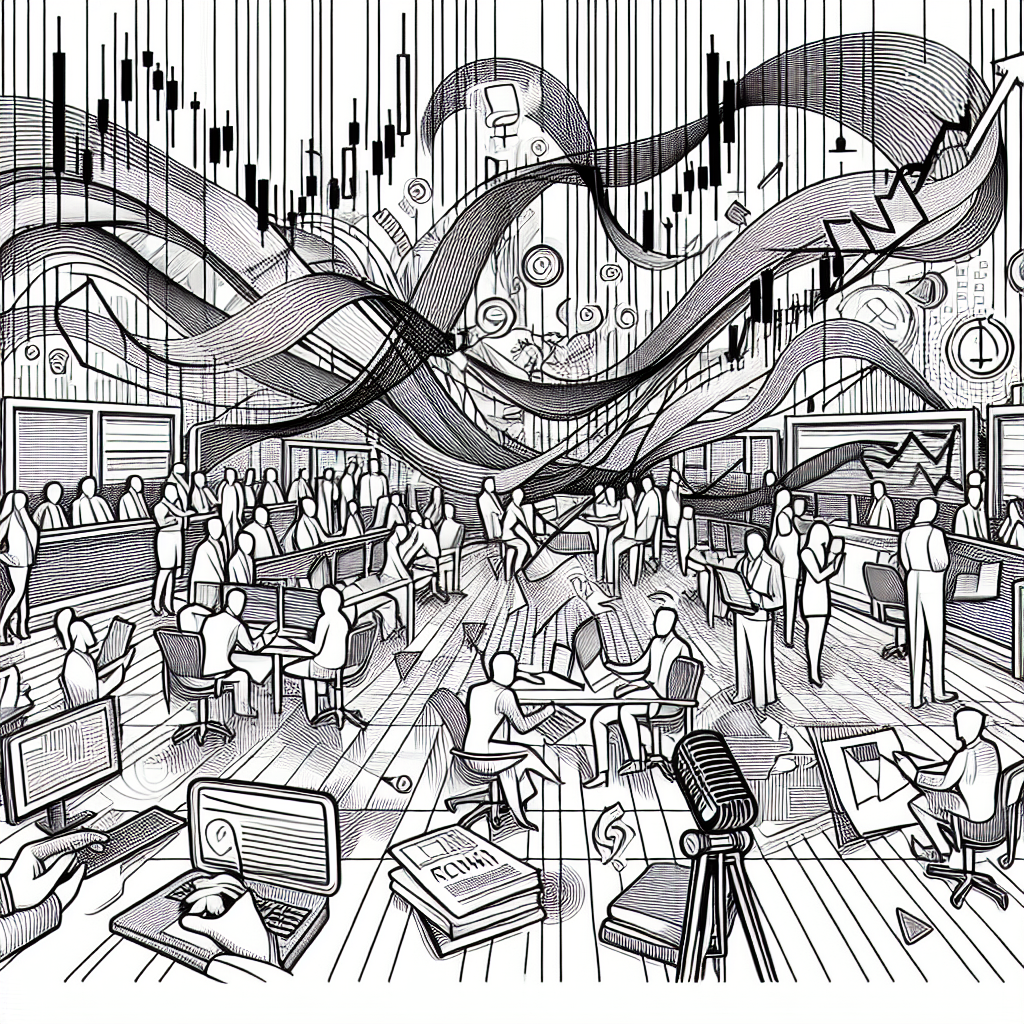 A dynamic line art illustration depicting a futuristic trading environment where traders actively analyze economic reports and market news, with vibrant graphs and news headlines blending into the scene, symbolizing the connection between events and trading strategies.