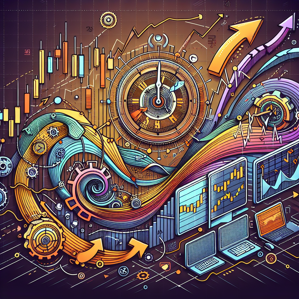 A vibrant illustration of a swing trading system for futures markets, featuring dynamic line art that showcases charts, candlestick patterns, and flowing arrows representing market movements, with elements like a clock and computer screens to symbolize time and technology in trading.