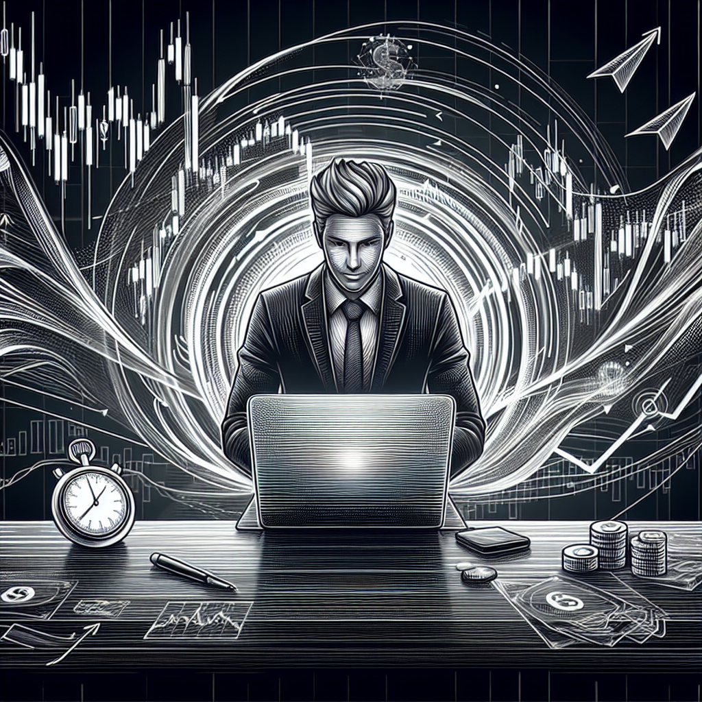 A dynamic line art illustration depicting a confident trader using a laptop with various financial charts and graphs in the background, symbolizing futures scalping strategies.
