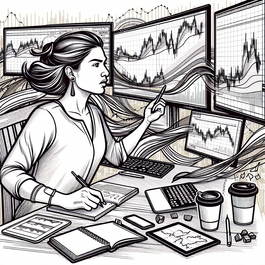 A dynamic line art illustration depicting an intermediate trader at their workstation, focused on multiple screens displaying futures market charts and graphs. The trader is utilizing various tools like a notepad, pen, and a coffee cup, surrounded by dynamic lines representing market movement and trading strategies.