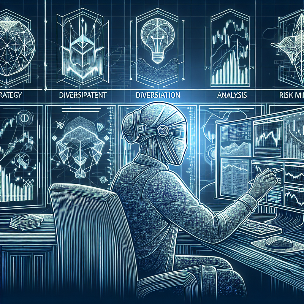 A dynamic line art illustration featuring a futuristic trader analyzing charts and graphs, symbolizing the five key principles of risk management in futures trading, surrounded by abstract icons representing strategy, analysis, and risk mitigation.