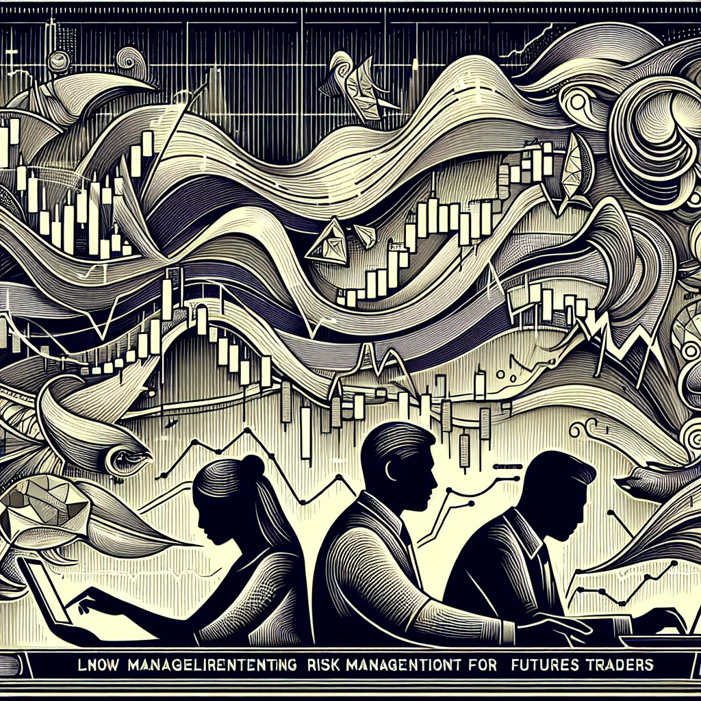 A dynamic line art illustration depicting the concept of risk management in futures trading, featuring abstract representations of market charts, strategy icons, and traders in action.