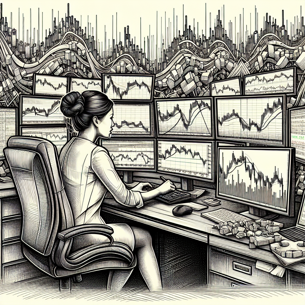 A dynamic line art illustration depicting a trader analyzing volatile futures markets, surrounded by fluctuating price charts and candlestick patterns, with a focus on scalping strategies.