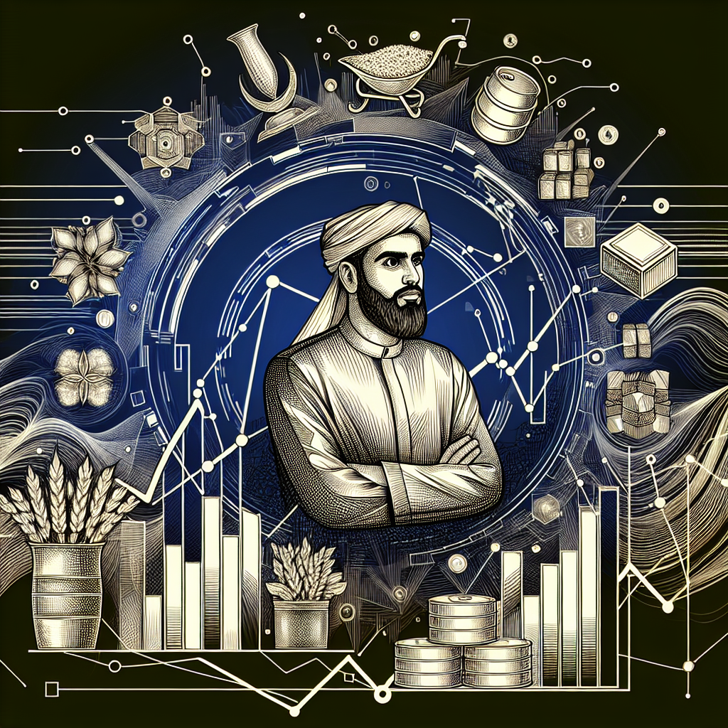 A dynamic line art illustration depicting a trader navigating through a vibrant, abstract landscape of commodity market symbols like oil barrels, gold bars, and agricultural products, with a backdrop of fluctuating market graphs and arrows indicating trends.