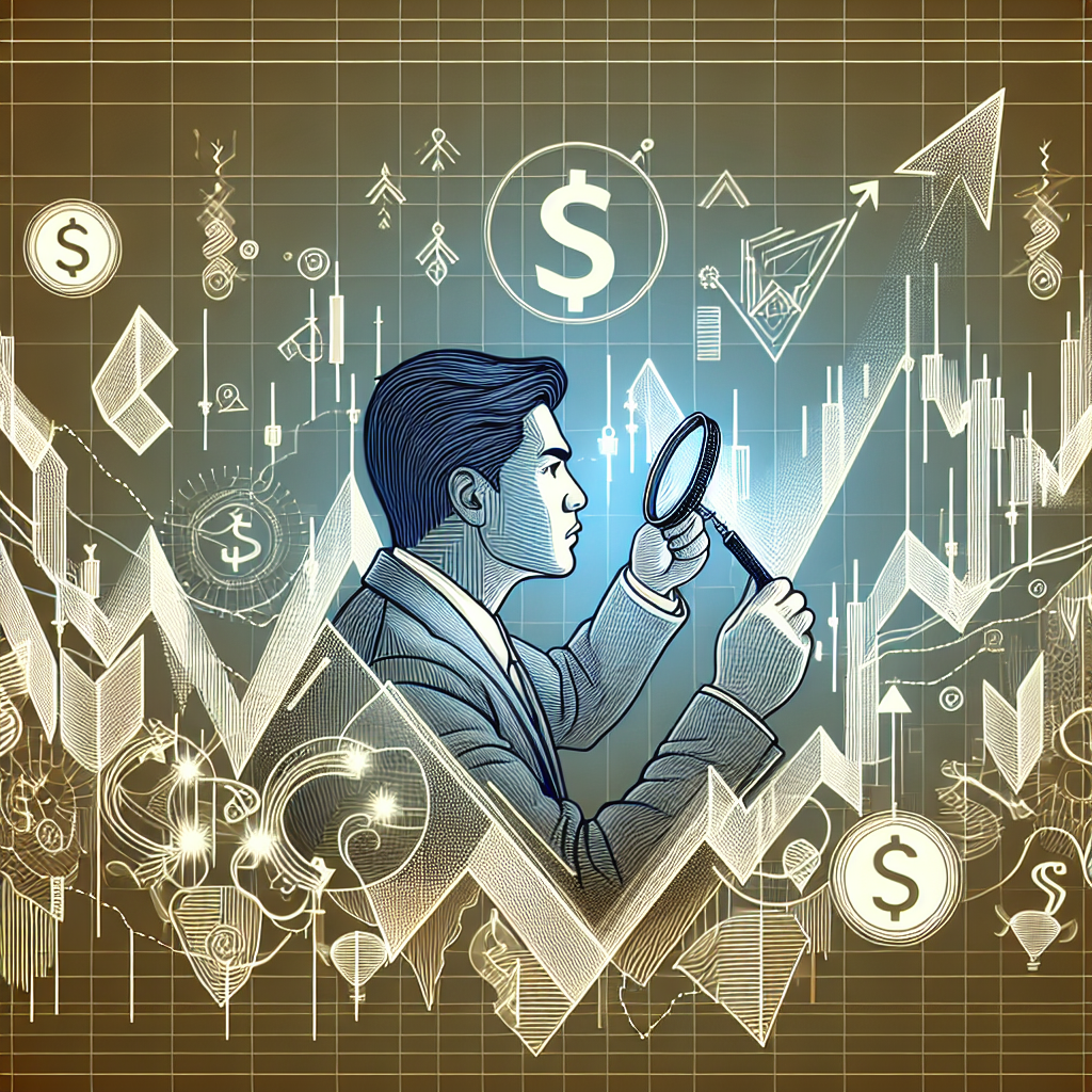 A dynamic line art illustration depicting swing trading strategies, featuring a stylized chart with fluctuating stock prices, candlestick patterns, and an intermediate trader analyzing the market with a magnifying glass amidst a backdrop of abstract financial symbols.