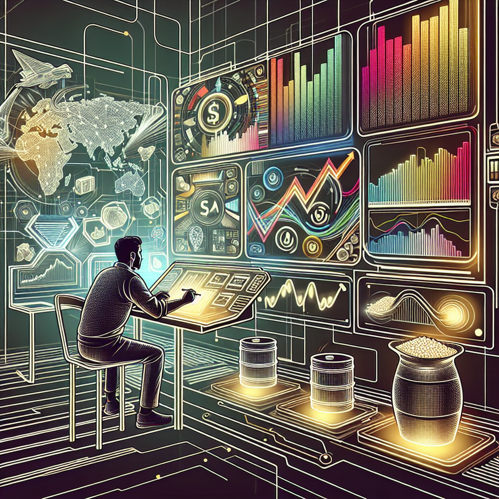 A dynamic line art illustration depicting a futuristic trader analyzing commodities on a digital interface, with charts and graphs depicting price trends, trading tools, and elements symbolizing various commodities like oil, gold, and grains.