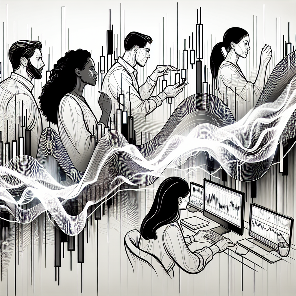 A dynamic line art illustration depicting the concept of trading volume in futures markets, featuring stylized charts, traders analyzing graphs, and flowing lines representing market trends and data.