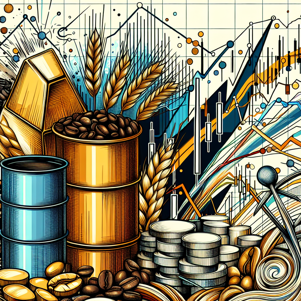 A vibrant and engaging illustration showcasing various commodities like gold, oil, and agricultural products in a dynamic line art style, integrated with graphs and indicators to represent swinging market trends, suitable for a blog post on trading insights.