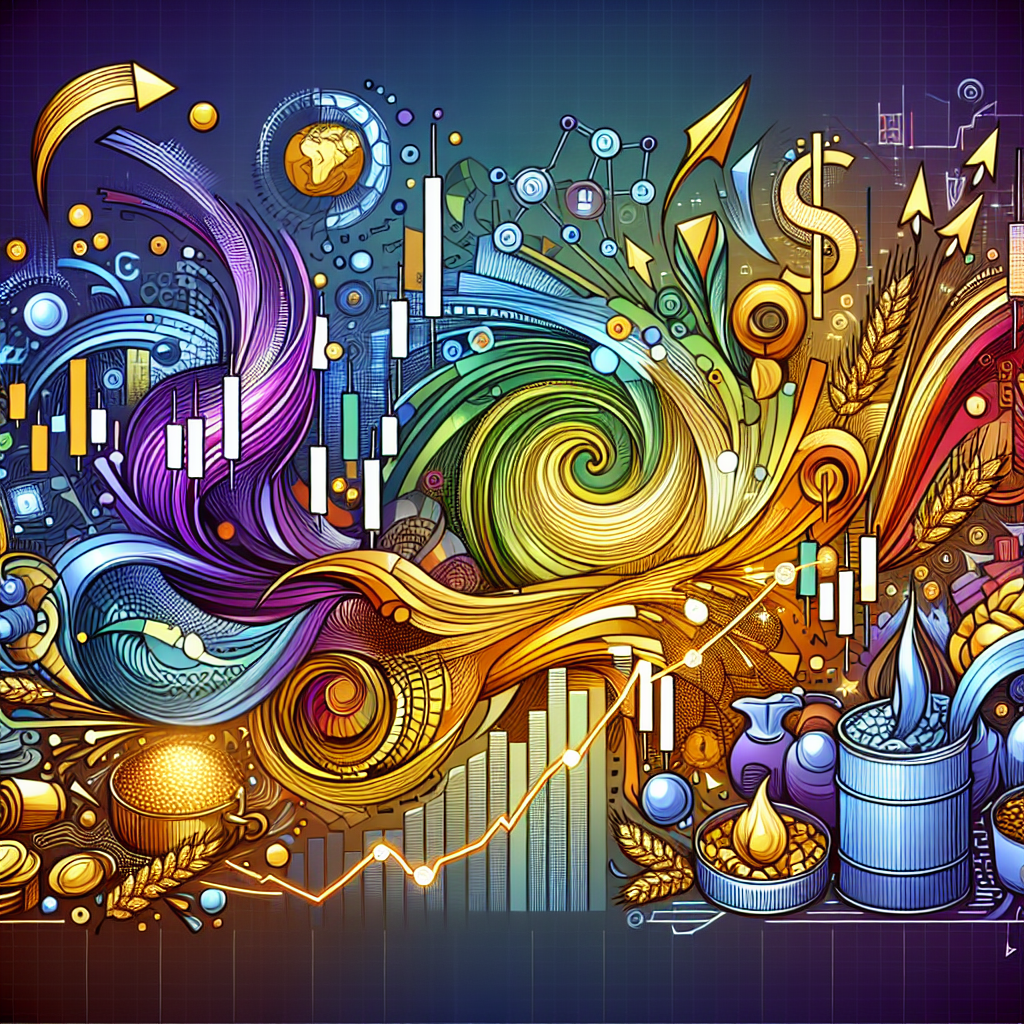 A dynamic line art illustration depicting various swing trading strategies for commodity traders, featuring elements like candlestick charts, commodities like gold and oil, and energetic arrows symbolizing market movement.