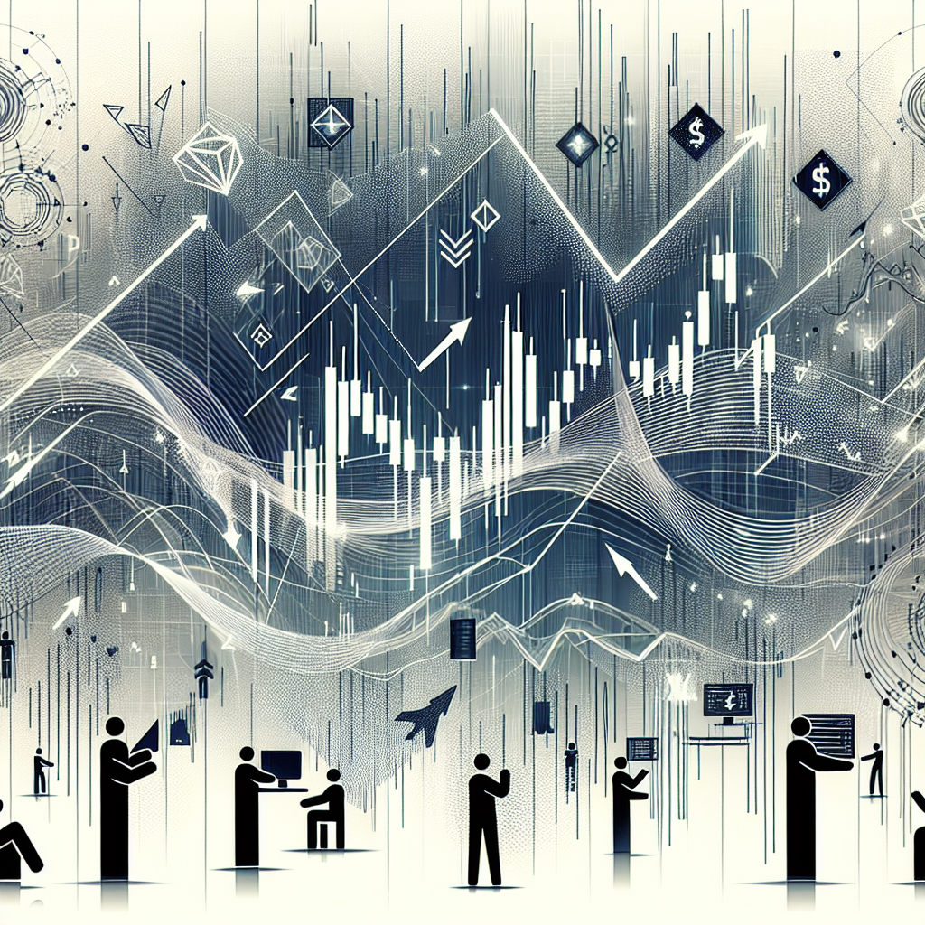 A dynamic line art illustration depicting the concept of trading volume in futures, featuring abstract representations of stock charts, trading screens, and traders in action, with arrows and lines showing market fluctuations and decision-making processes.
