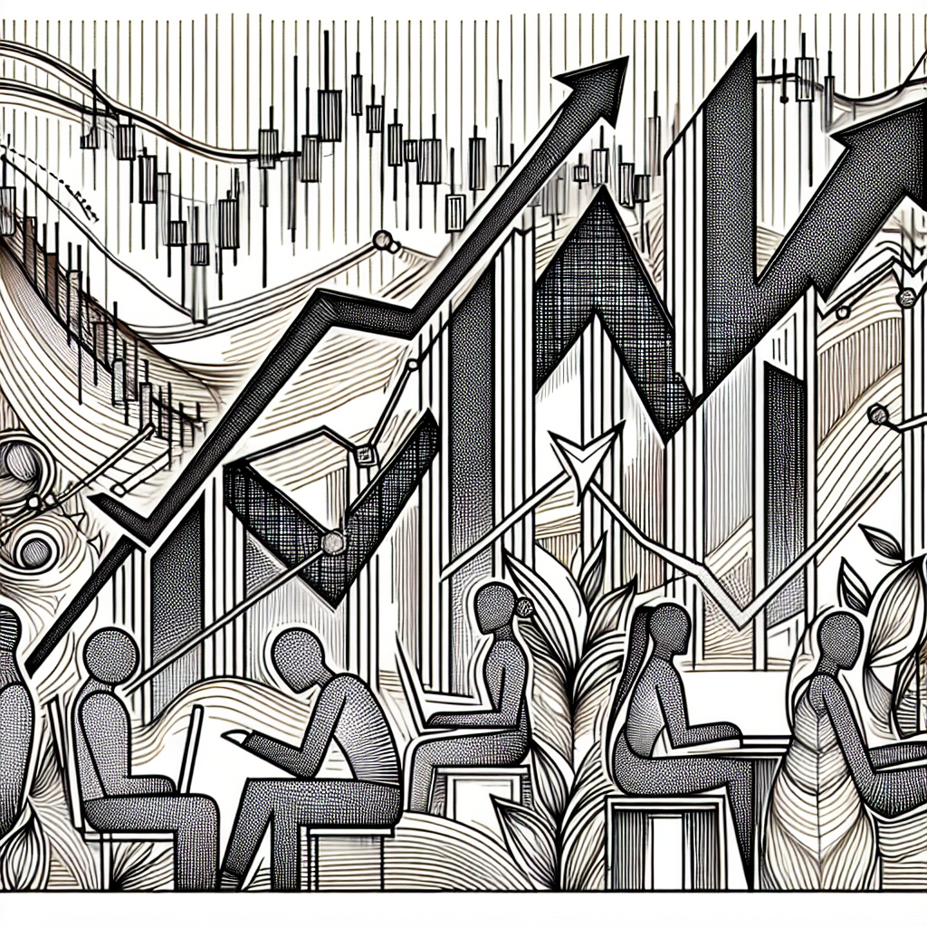 A dynamic line art illustration depicting the concept of trading volume in futures, featuring stylized graphs, arrows, and abstract figures analyzing data, symbolizing decision-making and strategy in finance.