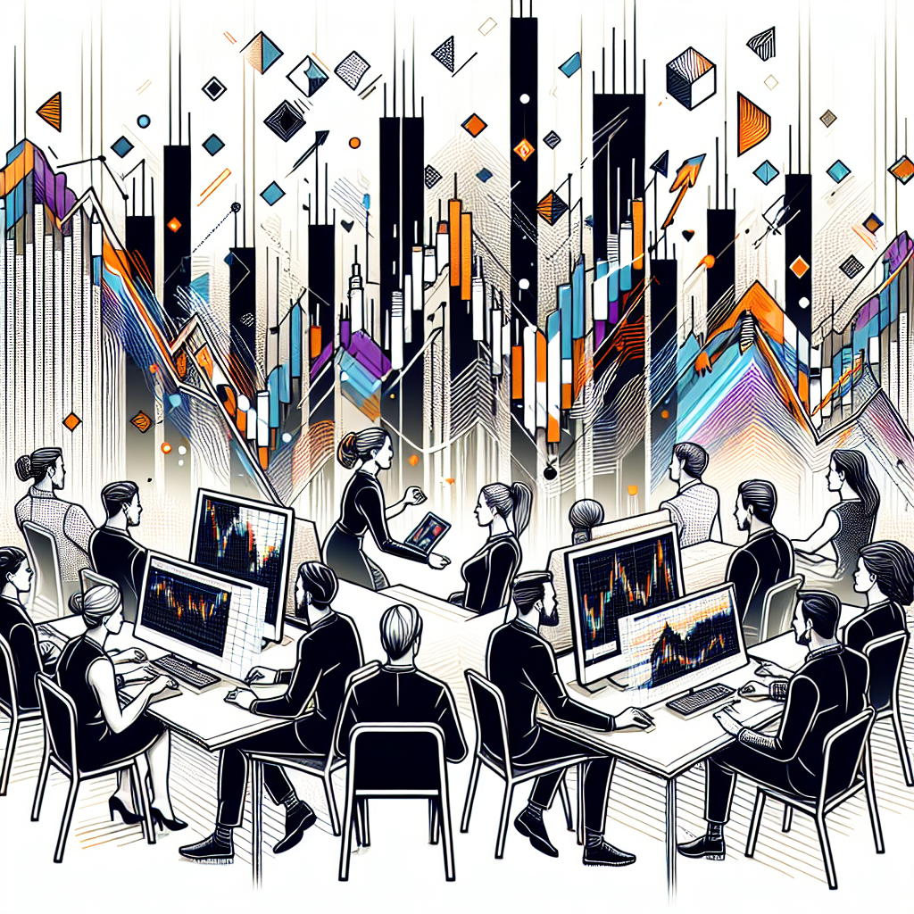 A dynamic line art illustration depicting traders analyzing market trends, featuring candlestick charts, futuristic data visualizations, and graphs with arrows indicating market movement, complemented by abstract elements representing the futures market.
