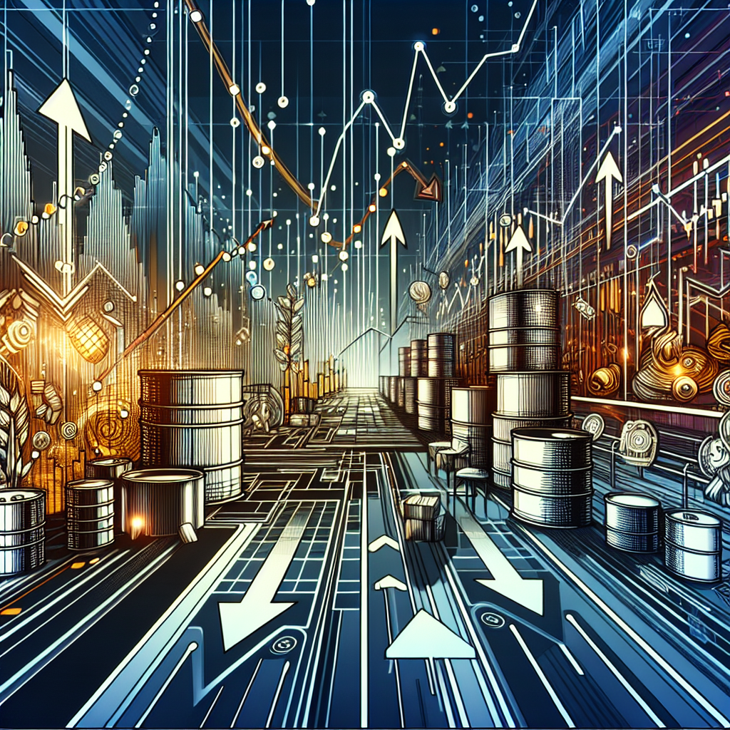 A dynamic line art illustration depicting a futuristic trading floor with stylized charts, arrows indicating market trends, and various commodities symbolized in a visually striking way, representing the weekly futures market analysis.